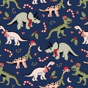 Seasonal Dino friends - Christmas dinosaurs with candy canes scarfs bobble hats and santa hats vintage green beige red palette on navy blue