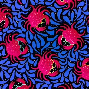 funky red crabs  in sunglasses with blue water pool splashes, groovy modern  nautical marine coastal fun pattern