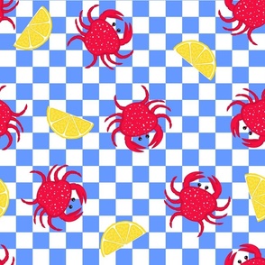 red crabs, lemons and blue checks, fun cute colorful ewd yellow and blue and white checkerboard seafood mediterranean design