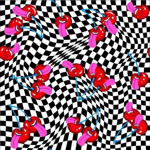 Retro Rolling Cherry Stones - funky groovy trippy hippie vintage y2k 80s 90s happy crazy funny psychedelic cherries over black and white wavy rippled checkered  texture