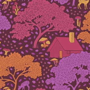 Mushroom Cabin - Forest Scene - Modern Toile Multicolor on Burgundy Background
