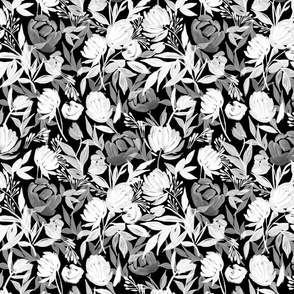 black and white florals black background