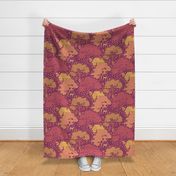 Mushroom Cabin - Forest Scene - Modern Toile Reds and Yellows on Burgundy Background