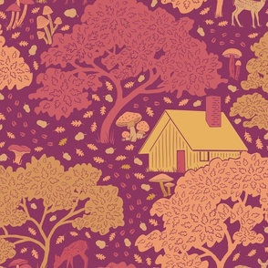 Mushroom Cabin - Forest Scene - Modern Toile Reds and Yellows on Burgundy Background