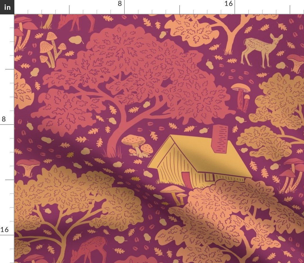 Mushroom Cabin - Forest Scene - Modern Toile Reds and Yellows on Burgundy Background