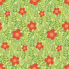Warm Red Flowers on a Green Leafy Bed + Pale Green Background