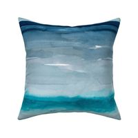 Blue dreamy hand painted watercolor abstract landscape seascape in grey aqua blue and navy 