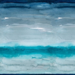 Blue dreamy hand painted watercolor abstract landscape seascape in grey aqua blue and navy 