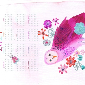 Hand -painted Pink Ink Owl 2024 Calendar Tea Towel Wall Hanging