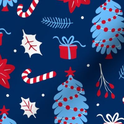 christmas winter foliage yule holiday repeat design in navy blue red white and light blue colors with christmas pine tree presents candy cane fir and holy evergreen plant branches and red poinsettia xmas flower