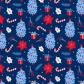 christmas winter foliage yule holiday repeat design in navy blue red white and light blue colors with christmas pine tree presents candy cane fir and holy evergreen plant branches and red poinsettia xmas flower