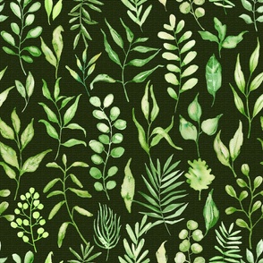 Watercolor Greenery- hand painted one directional vertical green leafy branches twigs wild weeds herbs and leaves repeat design
