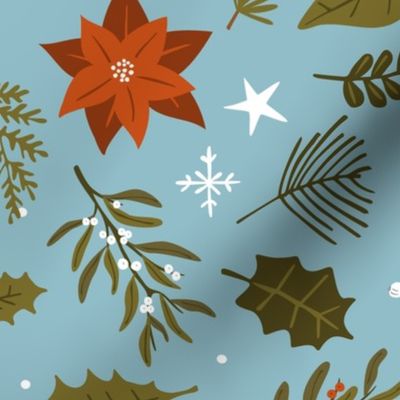 vintage christmas- merry christmas xmas winter yule season festive design with foliage conifer botanical branches  evergreen leaves twigs, red berries and flowers poinsettia, pine cones, holy plants, orange slices, snowflakes and stars over muted teal blu