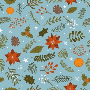 vintage christmas- merry christmas xmas winter yule season festive design with foliage conifer botanical branches  evergreen leaves twigs, red berries and flowers poinsettia, pine cones, holy plants, orange slices, snowflakes and stars over muted teal blu