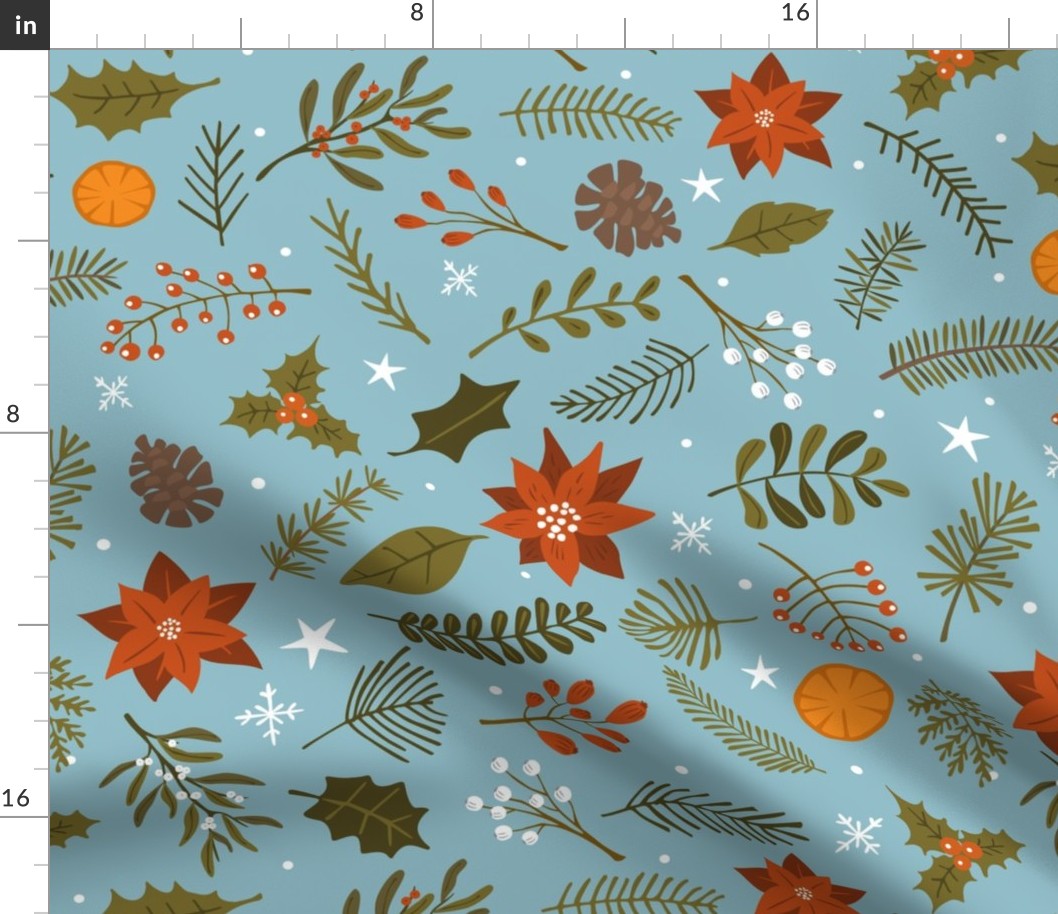 vintage christmas- merry christmas xmas winter yule season festive design with foliage conifer botanical branches  evergreen leaves twigs, red berries and flowers poinsettia, pine cones, holy plants, orange slices, snowflakes and stars over muted teal blu