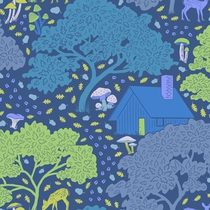 Mushroom Cabin - Forest Scene - Modern Toile in Blues and Greens on Dark Blue Background