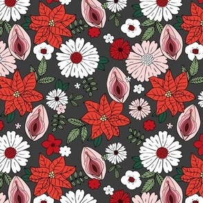 Romantic Christmas vulva design - female empowerment vagina design with seasonal flowers pink green red on charcoal