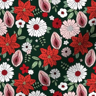 Romantic Christmas vulva design - female empowerment vagina design with seasonal flowers pink green red on pine