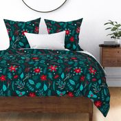 Dark teal turquoise and red color palette christmas yule season winter foliage greenery, conifer branches, evergreen twigs, red rowan berries pine cones mistletoe and poinsettia flowers repeat design