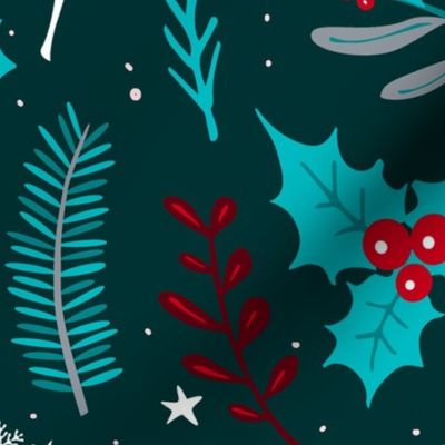 Dark teal turquoise and red color palette christmas yule season winter foliage greenery, conifer branches, evergreen twigs, red rowan berries pine cones mistletoe and poinsettia flowers repeat design
