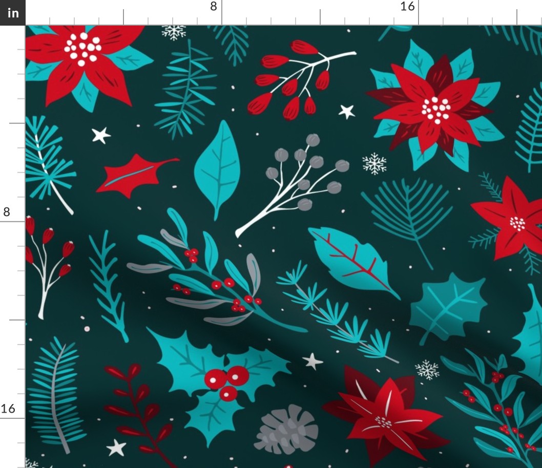 Dark teal turquoise and red color palette christmas yule season winter foliage greenery, conifer branches, evergreen twigs, red rowan berries pine cones mistletoe and poinsettia flowers repeat design