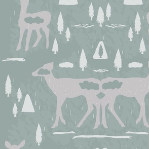 Hand Drawn Silhouetted Deer With Clouds, Mountains And Trees Sage Green Large