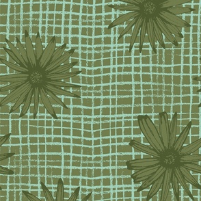 Retro Dandelion Flowers with textured checkered lines_green