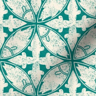 (L) Medieval Tiles Fish circles sea green ivory textured 6 inch