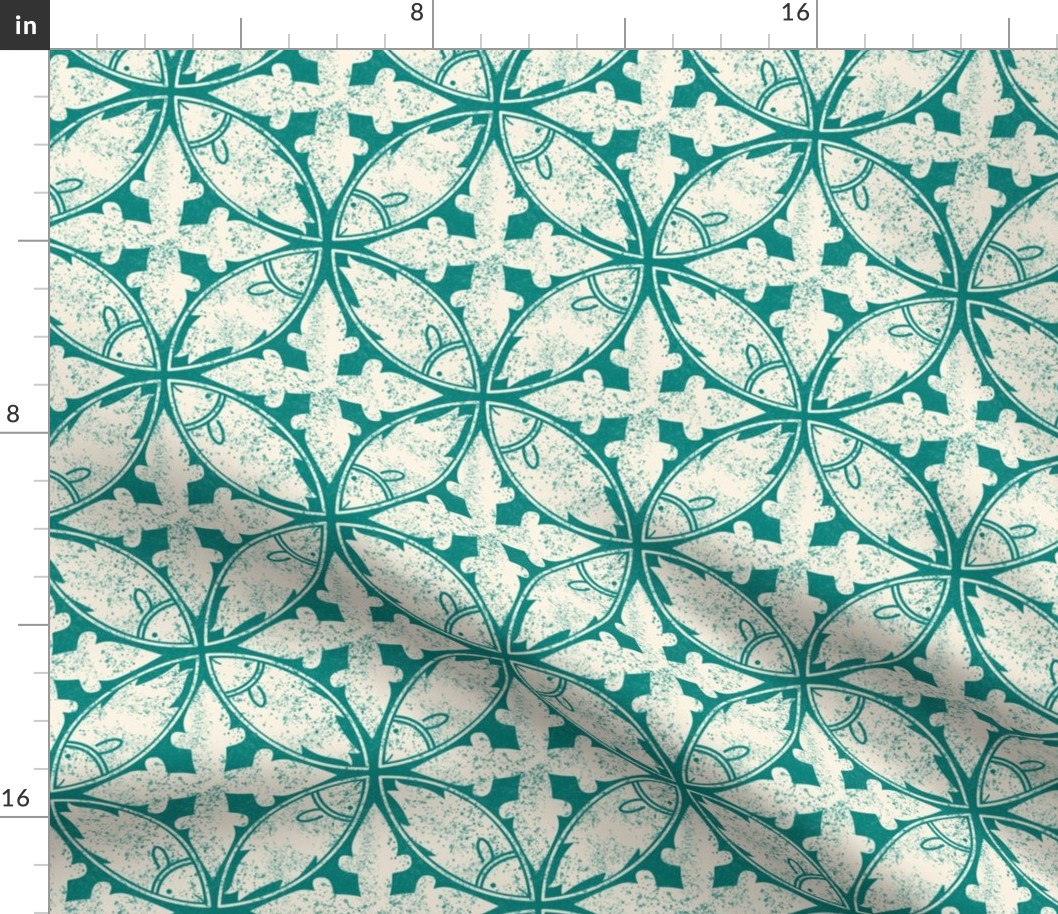 (L) Medieval Tiles Fish circles sea green ivory textured 6 inch