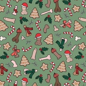 Christmas dick - seasonal candy canes cookies and holiday nude inclusive penis print red green on olive