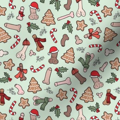 Christmas dick - seasonal candy canes cookies and holiday nude inclusive penis print red green on mint green