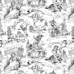 Gothic Graveyard Toile in Black and White -- Black and White Gothic Halloween Modern Toile -- 15.64in x 12.53in repeat -- 300dpi (50% of Full Scale)