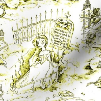 Gothic Graveyard Toile in Yellow -- Yellow Gothic Halloween Modern Toile -- 15.64in x 12.53in repeat -- 300dpi (50% of Full Scale)