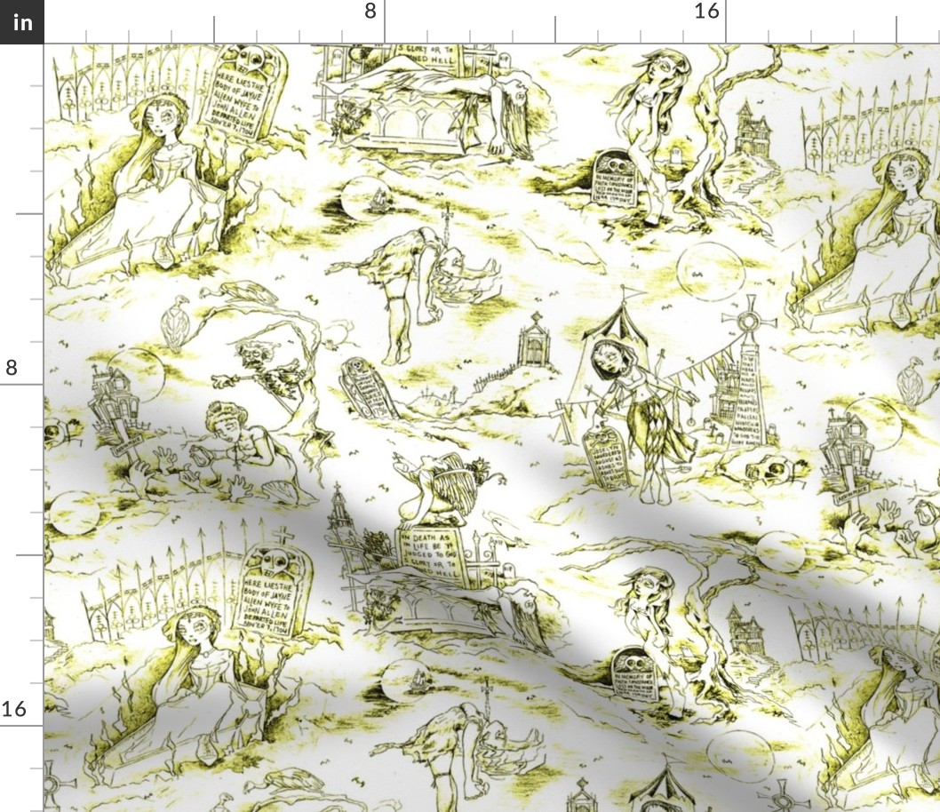 Gothic Graveyard Toile in Yellow -- Yellow Gothic Halloween Modern Toile -- 15.64in x 12.53in repeat -- 300dpi (50% of Full Scale)