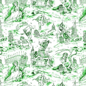 Gothic Graveyard Toile -- Ghost Green Gothic Halloween Modern Toile -- 15.64in x 12.53in repeat -- 300dpi (50% of Full Scale)