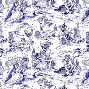 Gothic Graveyard Toile -- Blue Willow Gothic Halloween Modern Toile -- 15.64in x 12.53in repeat -- 300dpi (50% of Full Scale)