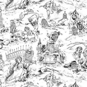 Gothic Graveyard Toile in Black and White -- Black and White Gothic Halloween Modern Toile -- 18.77in x 15.03in repeat -- 250dpi (60% of Full Scale)