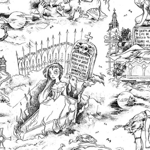 Gothic Graveyard Toile in Black and White -- Black and White Gothic Halloween Modern Toile -- 31.29in x 25.05in repeat -- 150dpi (Full Scale)