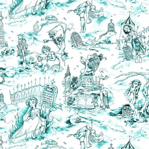 Gothic Graveyard Toile -- Dark Aqua Blue Gothic Halloween Modern Toile -- 18.77in x 15.03in repeat -- 250dpi (60% of Full Scale)