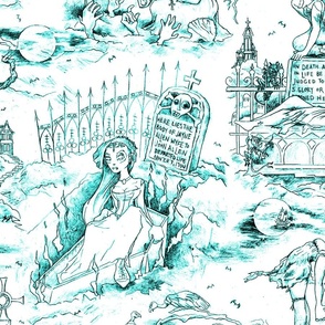 Gothic Graveyard Toile -- Dark Aqua Blue Gothic Halloween Modern Toile -- 31.29in x 25.05in repeat -- 150dpi (Full Scale)