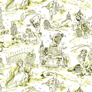 Gothic Graveyard Toile in Yellow -- Yellow Gothic Halloween Modern Toile -- 18.77in x 15.03in repeat -- 250dpi (60% of Full Scale)