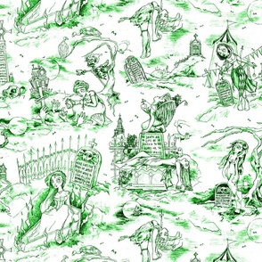 Gothic Graveyard Toile -- Ghost Green Gothic Halloween Modern Toile -- 18.77in x 15.03in repeat -- 250dpi (60% of Full Scale)