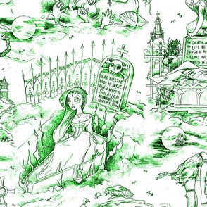 Gothic Graveyard Toile -- Ghost Green Gothic Halloween Modern Toile -- 31.29in x 25.05in repeat -- 150dpi (Full Scale)