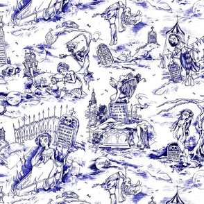 Gothic Graveyard Toile -- Blue Willow Gothic Halloween Modern Toile -- 18.77in x 15.03in repeat -- 250dpi (60% of Full Scale)