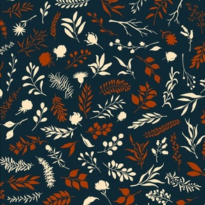 boho meadow - botanical branches, weeds, twigs, wildflowers and wild grasses, herbs, leaves and flowers in dark navy blue, cream and rust terracotta colors