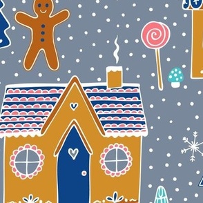 gingerbread houses in the snow - Navy, aqua and caramel on silver - Large scale by Cecca Designs