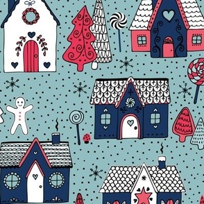 gingerbread houses in the snow - Pink, navy and white on grey - Medium scale by Cecca Designs