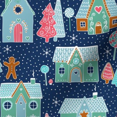 gingerbread houses in the snow -  mint, pink and caramel on navy - Medium scale by Cecca Designs