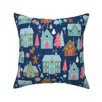 gingerbread houses in the snow -  mint, pink and caramel on navy - Medium scale by Cecca Designs
