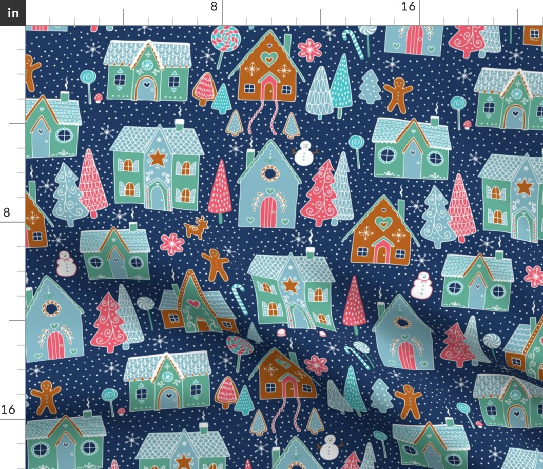 gingerbread houses in the snow -  mint, pink and caramel on navy - Medium scale by Cecca Designs